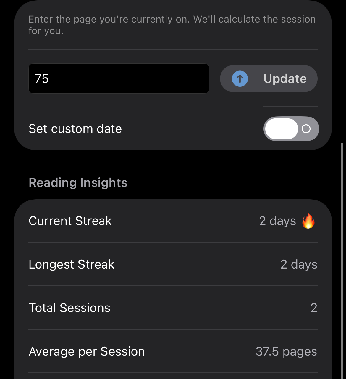 Reading insights with streaks and sessions